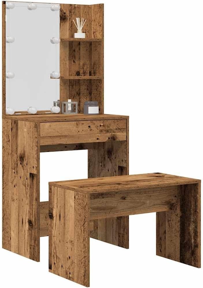 LED Vanity Set Dressing Table Mirror Stool Old Wood Makeup Desk Storage Drawers