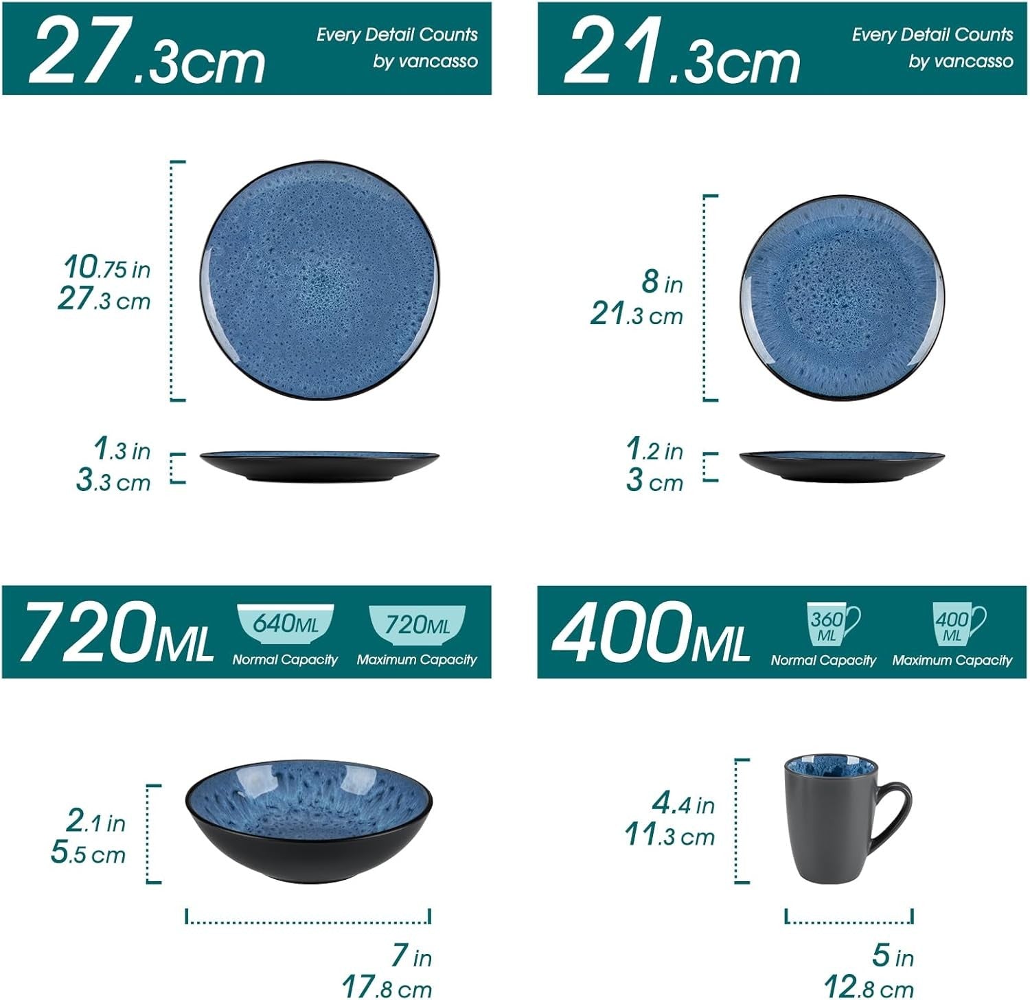 16pc Reactive Glaze Dinnerware Set Blue Plates Bowls Mugs Service for 4