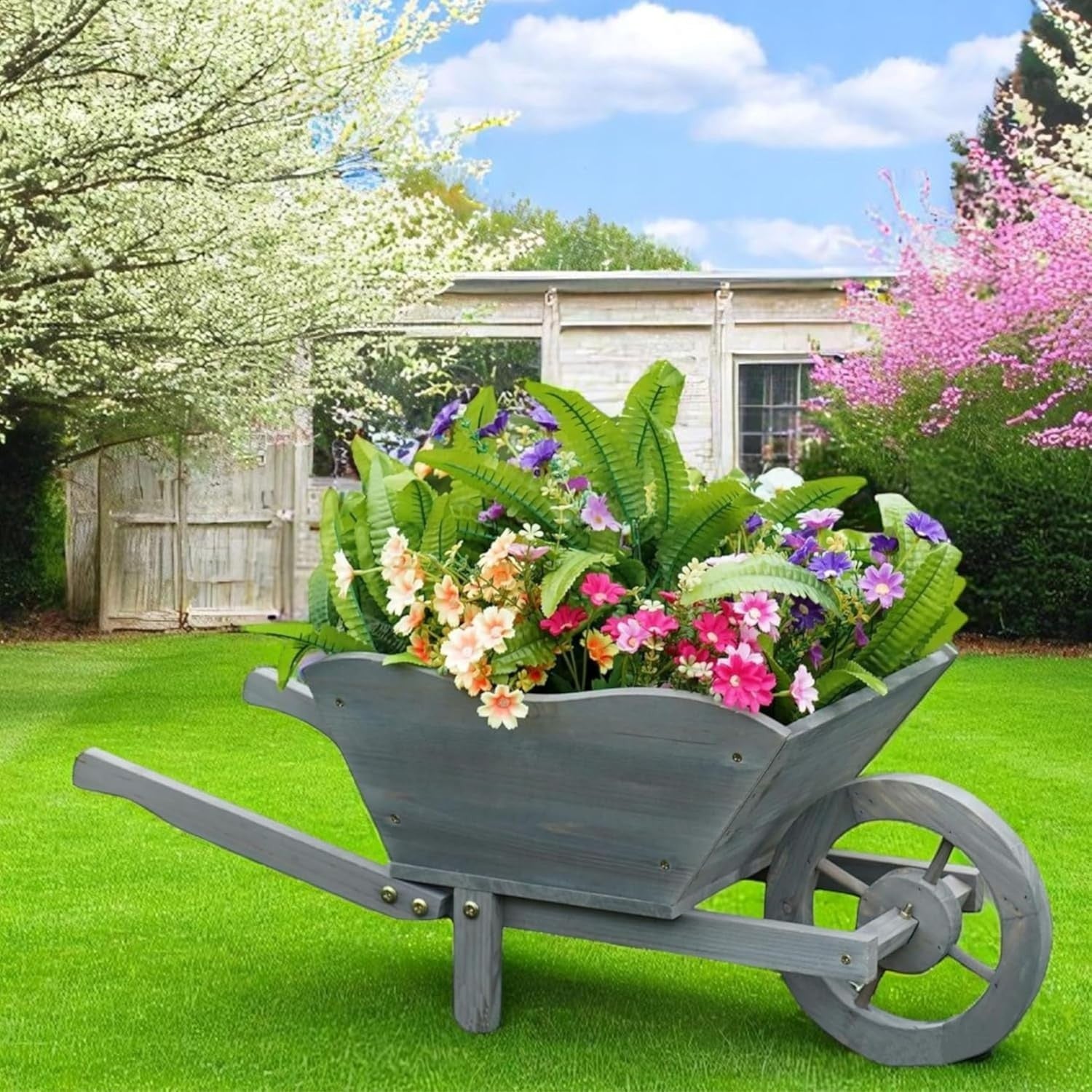 69cm Wooden Wheelbarrow Planter – Grey – Rustic Outdoor Garden Decor w/ Handles