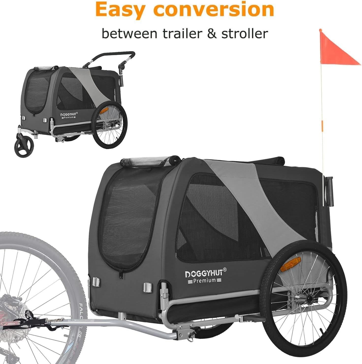 XL Dog Bike Trailer Stroller 45kg Heavy Duty Grey Black Pet Transport