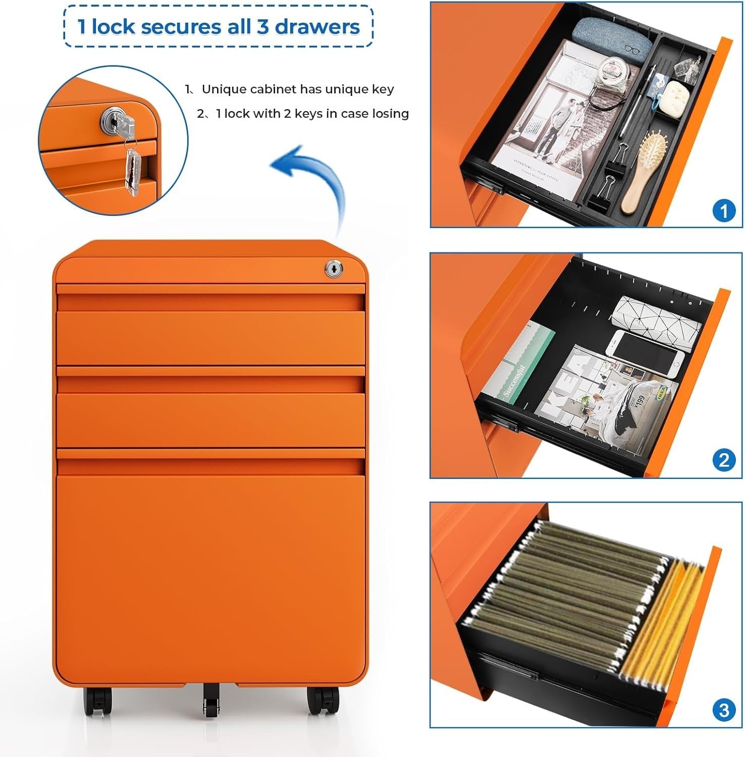 Orange Lockable Metal Filing Cabinet 3 Drawer A4 Anti Tilt on Wheels