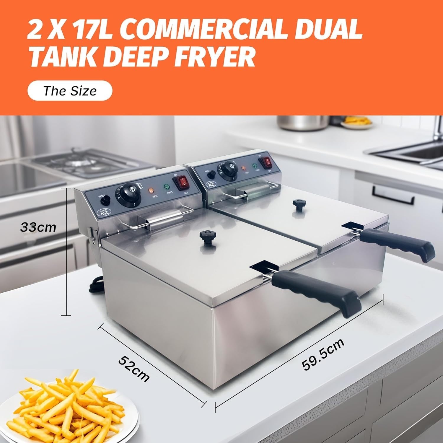 34L Double Deep Fat Fryer 6000W Commercial Dual Tank Stainless Steel