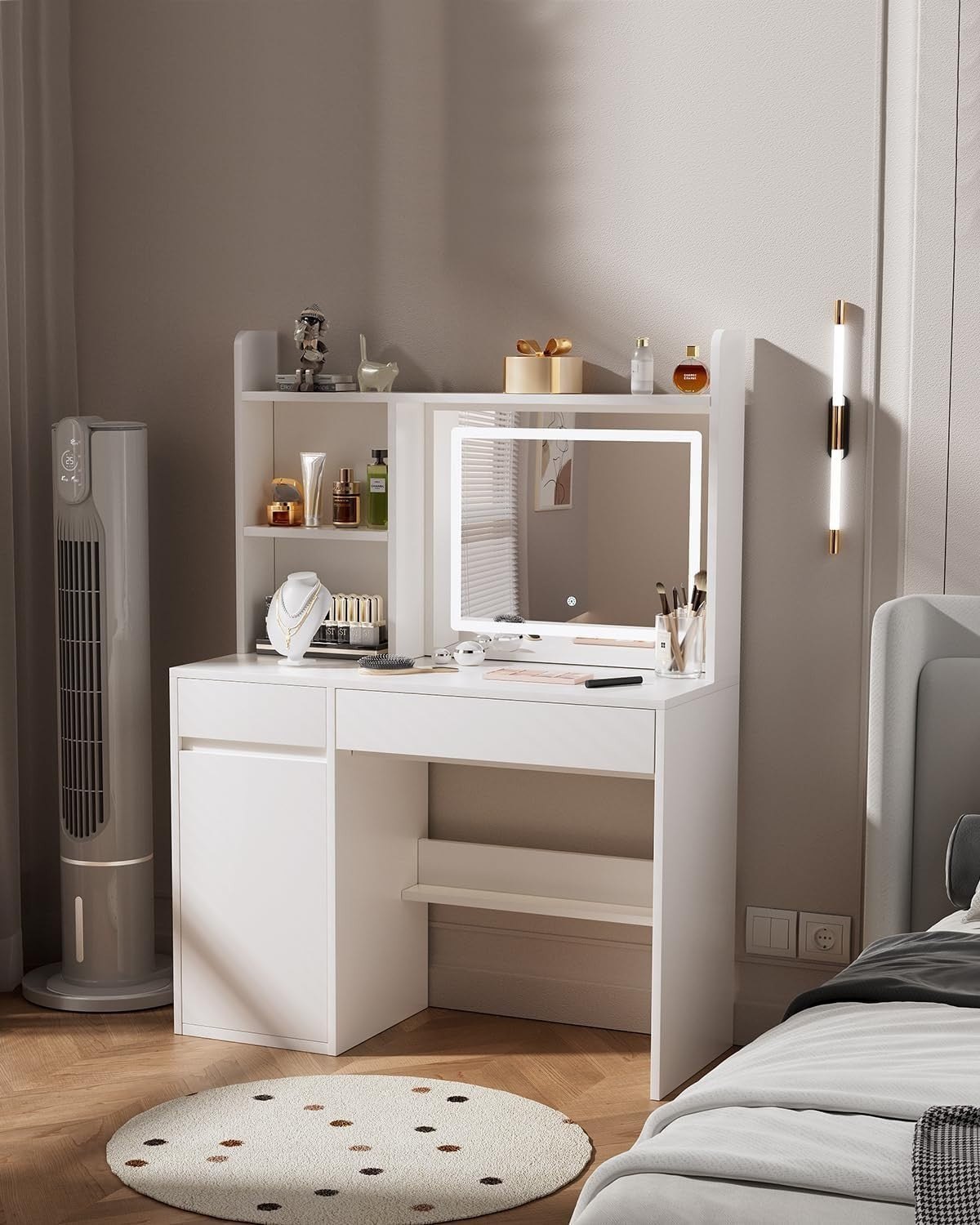 White Modern Vanity Table Dressing Desk w/ Dimmer Mirror Lights & 2 Drawers