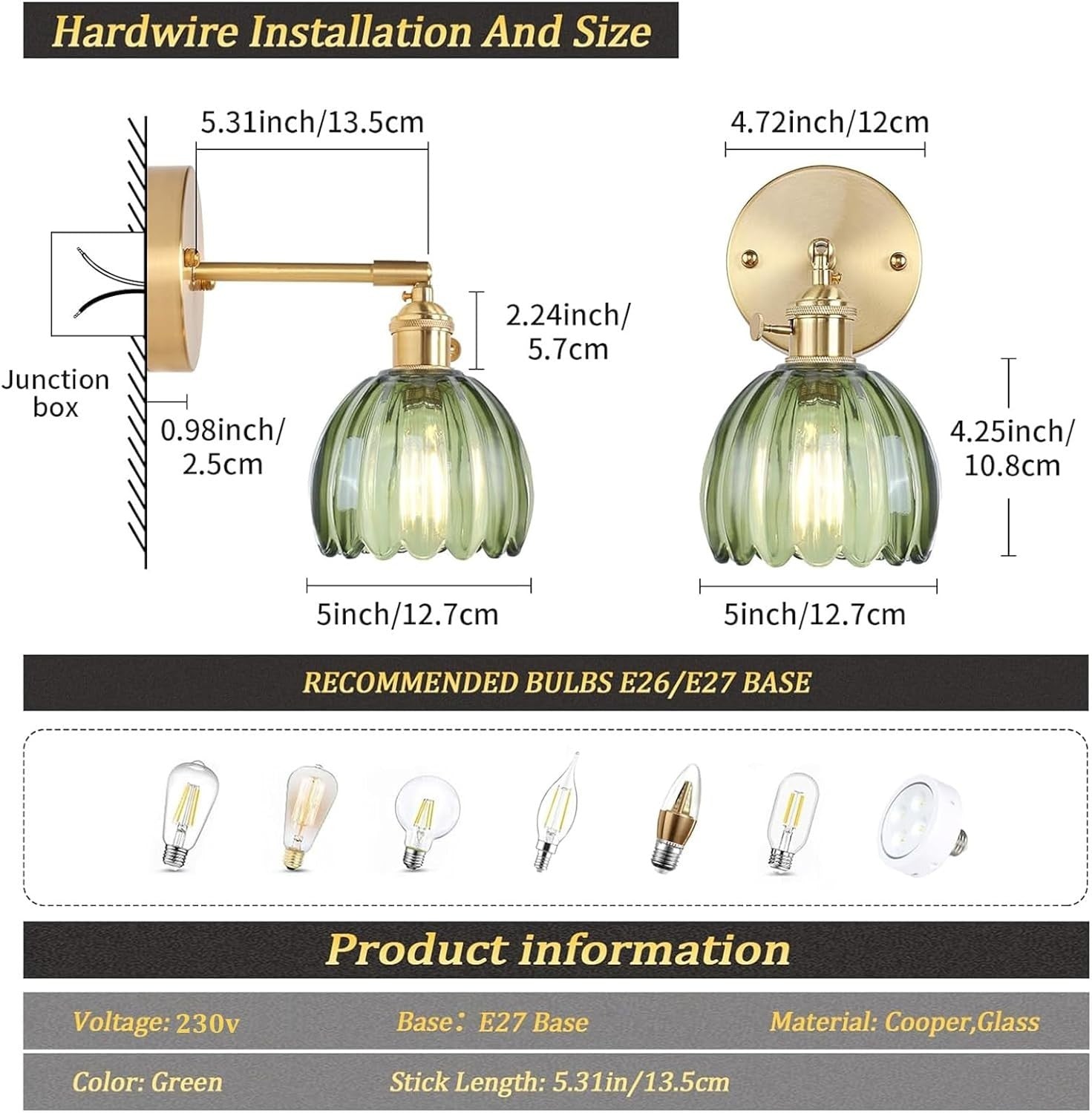 Vintage Wall Sconces Set of 2 Tulip Green Adjustable Brass Wall Lamps