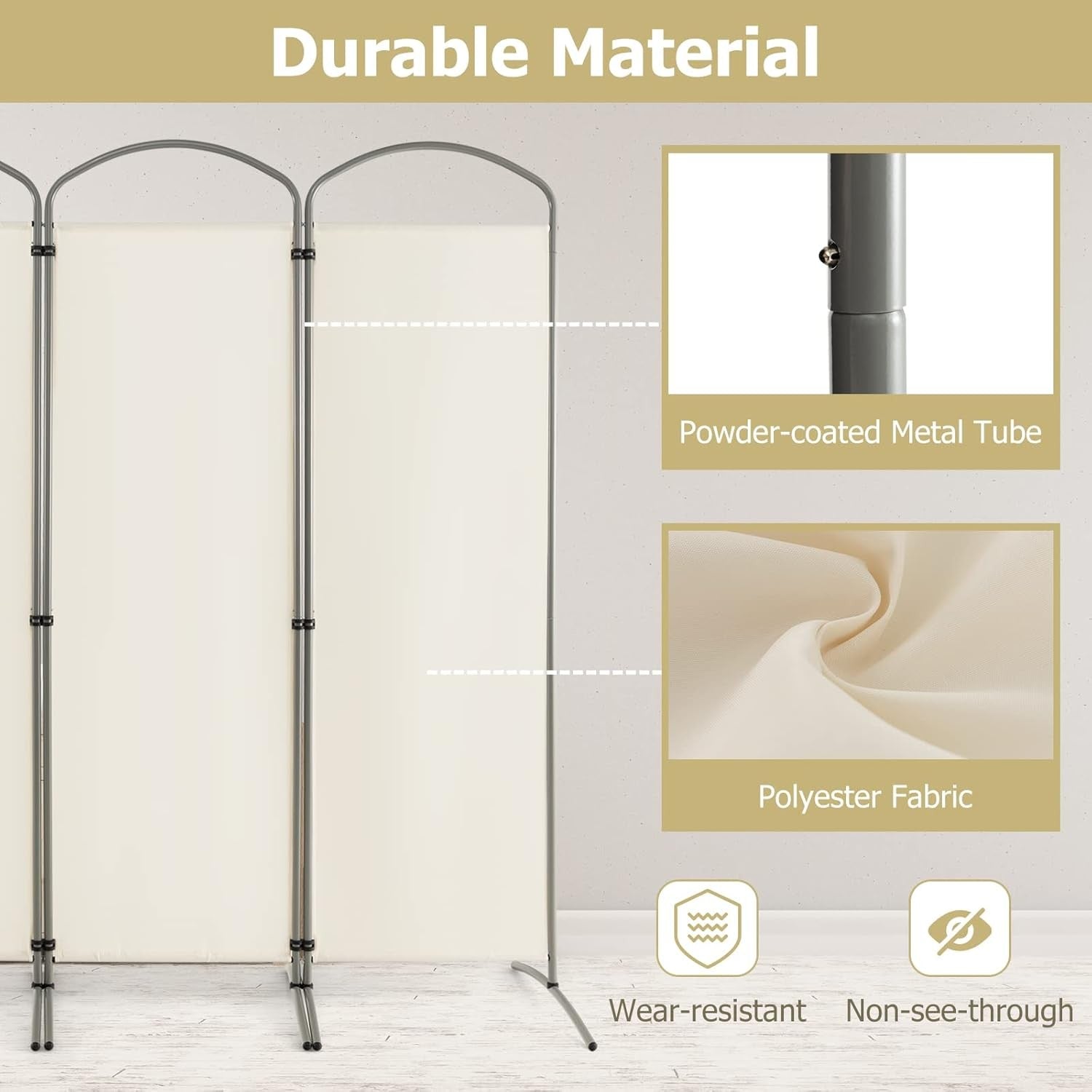4 Panel Cream Folding Room Divider Privacy Screen for Bedroom Office 188cm High
