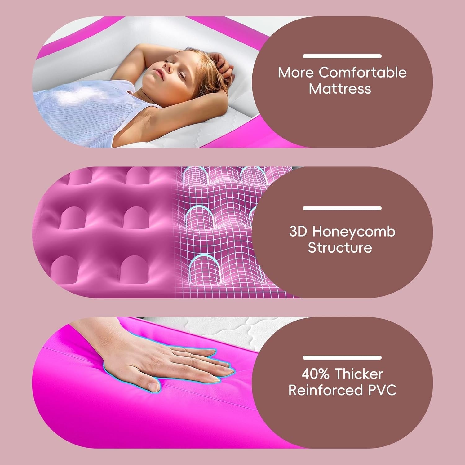 Portable Toddler Air Mattress Bed with Safety Bumpers & Pump, Pink