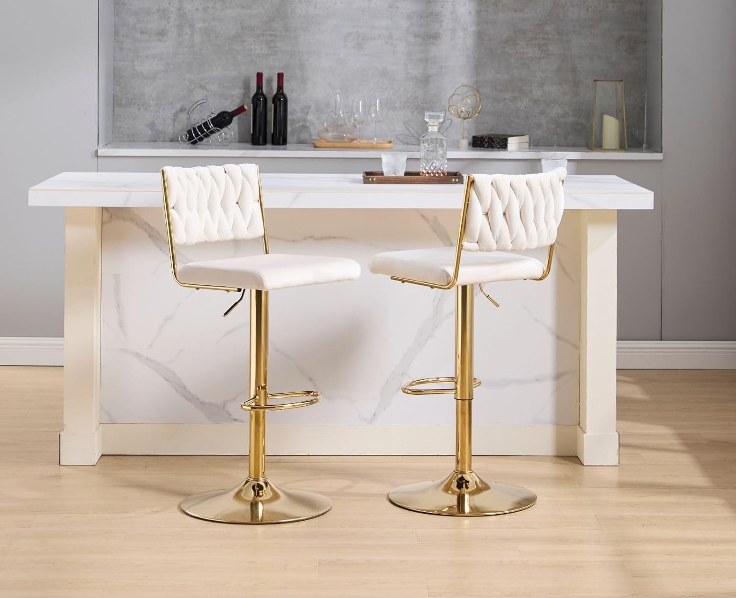 Adjustable Velvet Bar Stools Set of 2 Beige Swivel Counter Chairs
