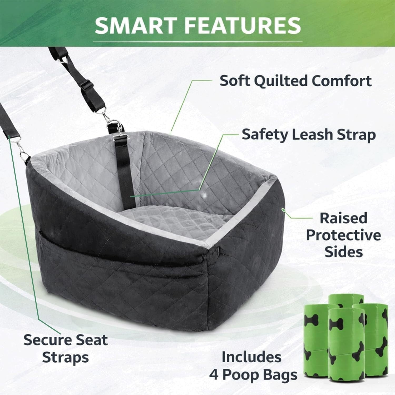 Dog Car Seat Booster Bed Memory Foam Travel Carrier Safety Leash 50cm