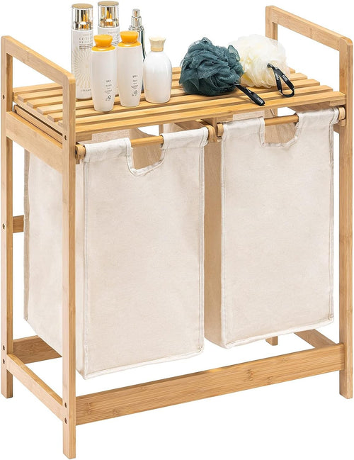 Bamboo Laundry Hamper with 2 Pull-Out Bags & Shelf Dual Laundry Sorter 73x64cm