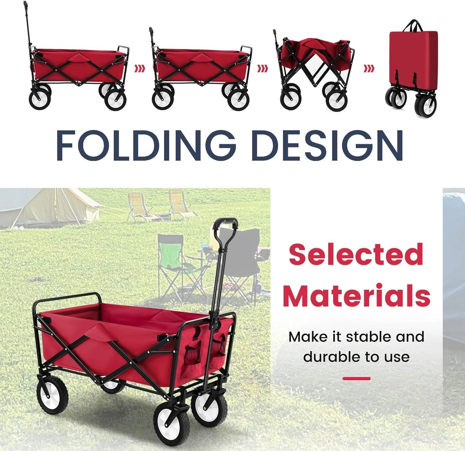 Folding Festival Trolley Wagon 82L Heavy Duty Cart All Terrain Wheels Red