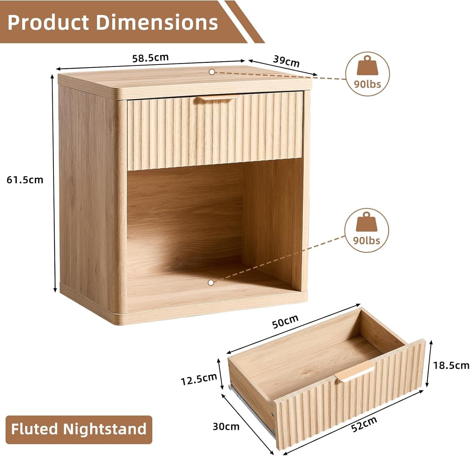 Natural Fluted Bedside Table with Drawer Modern Wood Nightstand Storage Unit