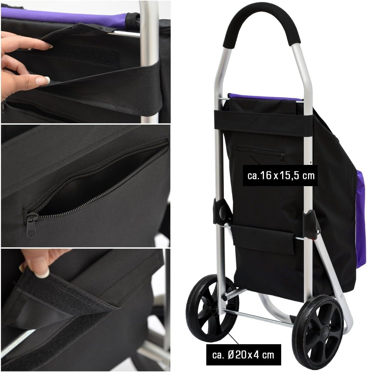 Foldable Shopping Trolley 52L with Cooler Bag – Lilac, Heavy Duty Cart