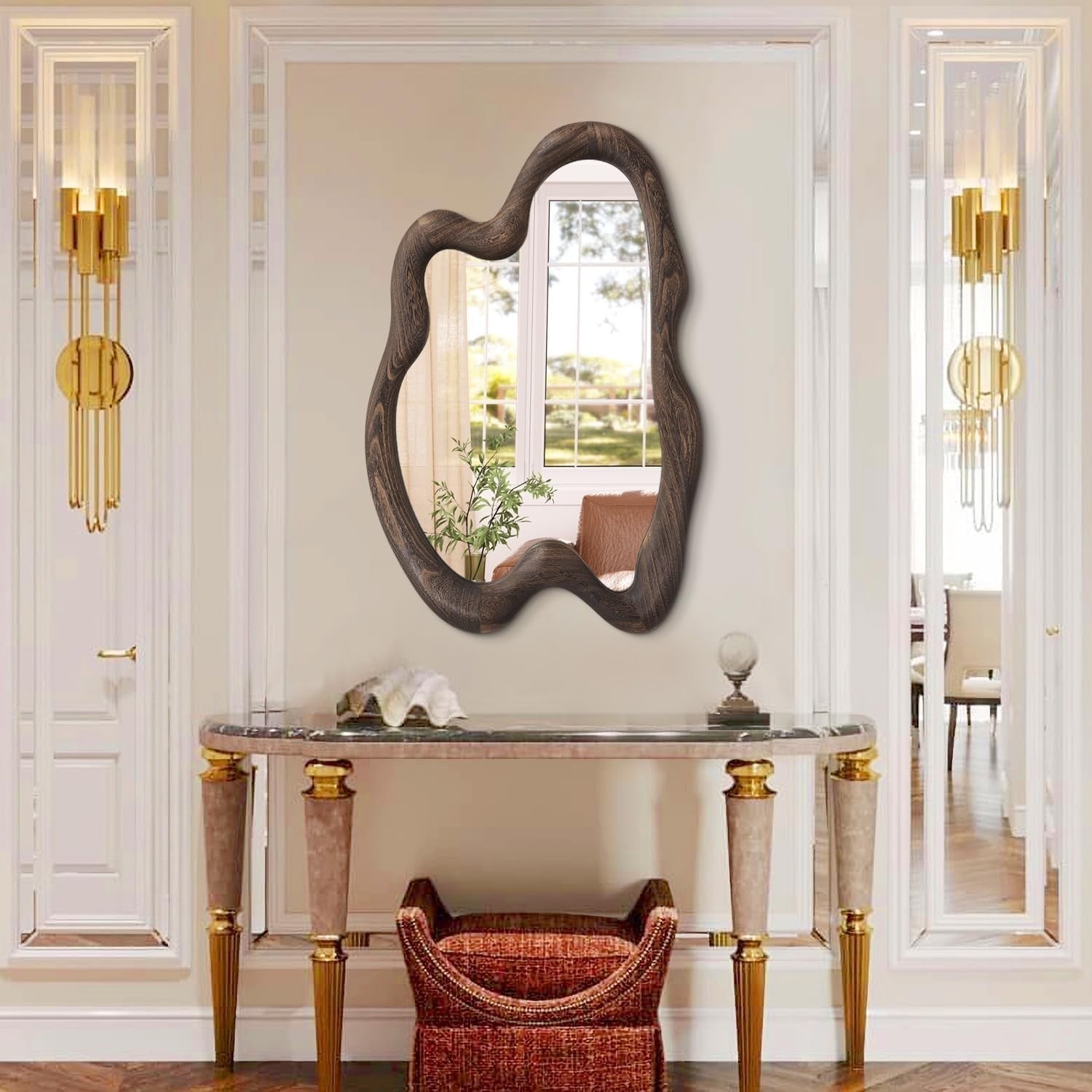 Large 80x60cm Irregular Wall Mirror Vintage Wood Frame for Bedroom Hall