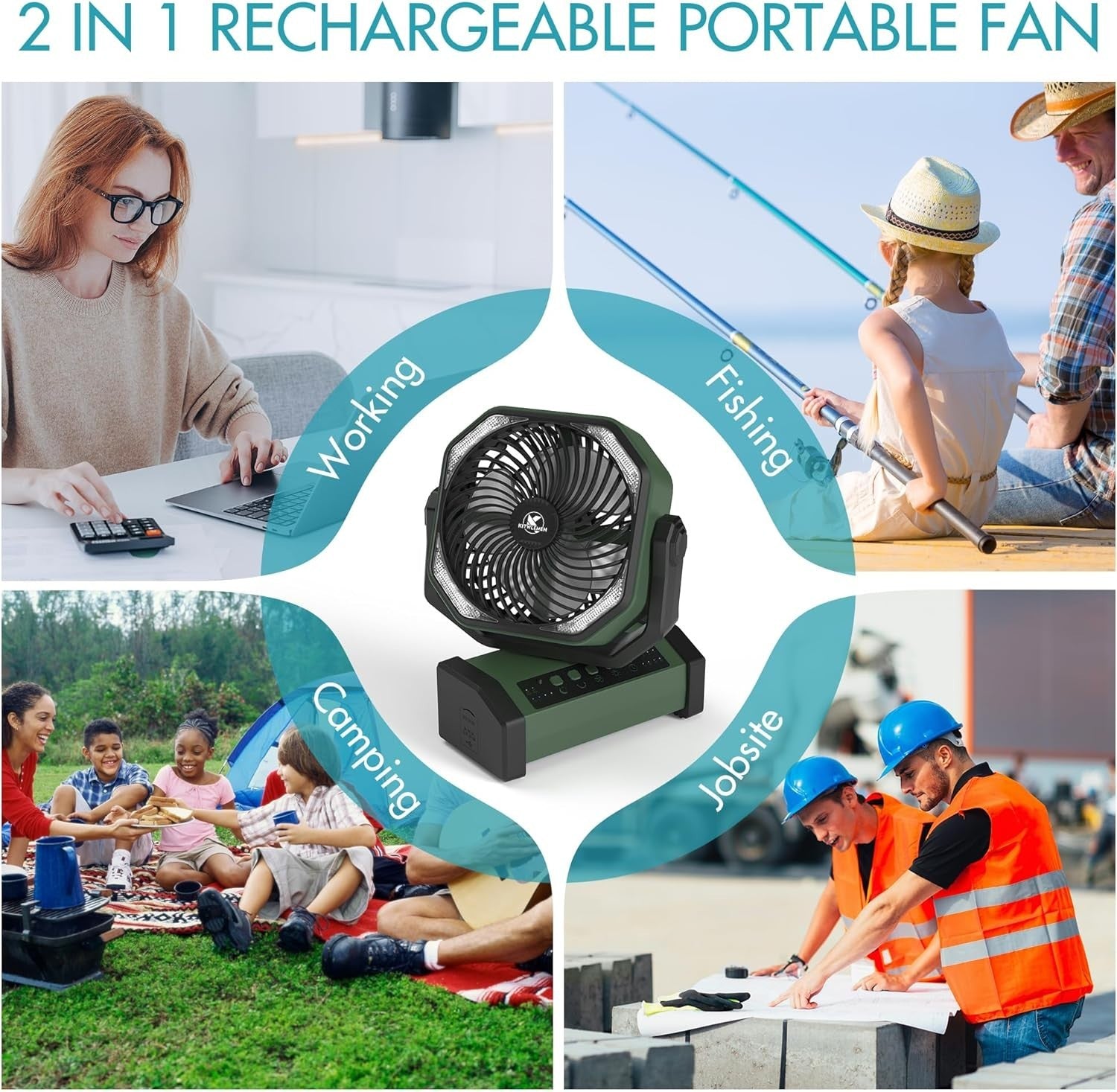 20000mAh Camping Fan – LED Desk Fan w/ Remote, Hook & Rechargeable Battery Green