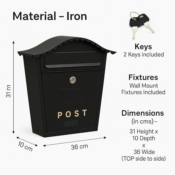 Lockable Cast Iron Wall Mailbox – Weatherproof Post Box for Home | Easy Install