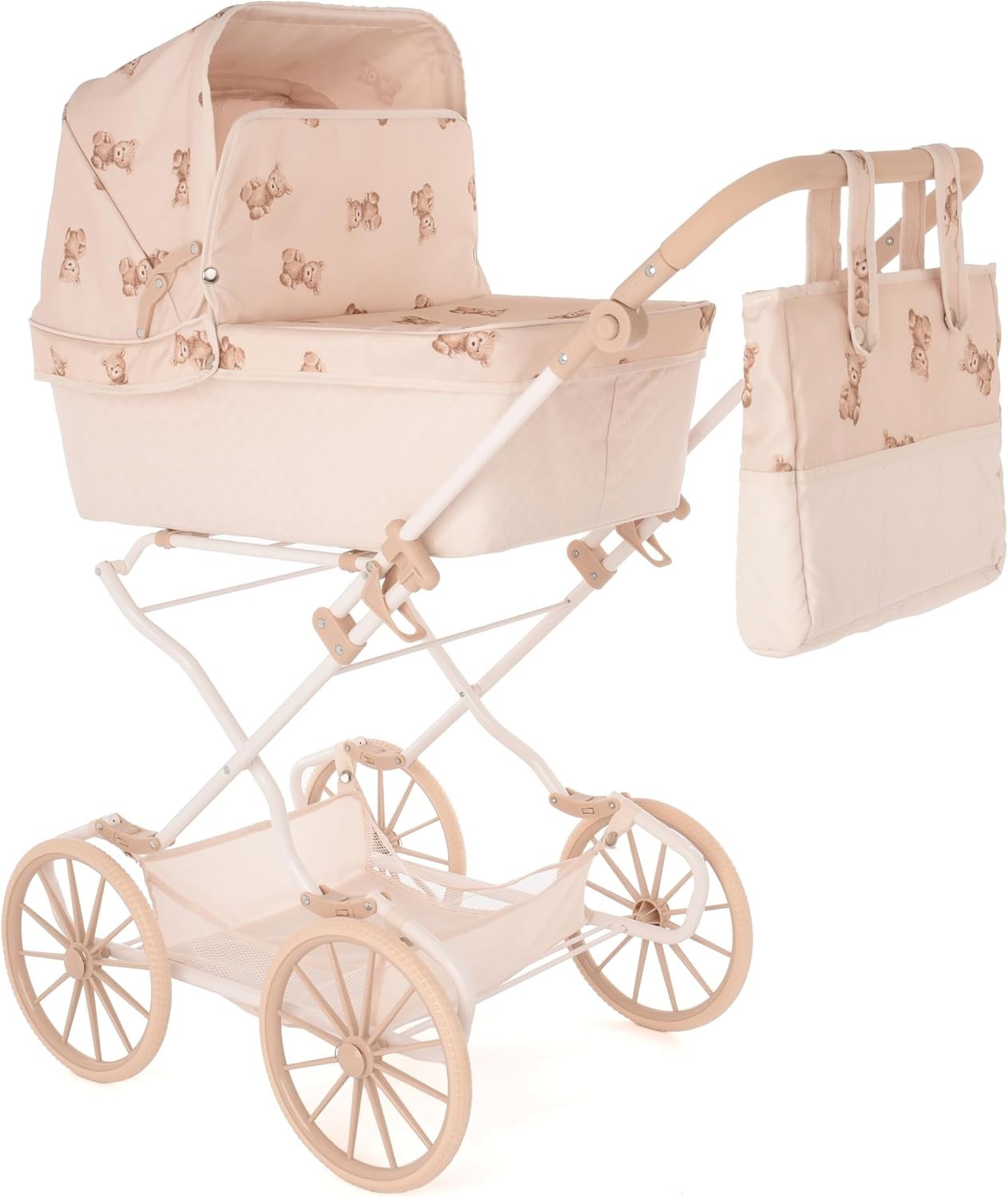 Vintage Doll Pram Teddy Design Adjustable Handle Tall Kids Basket