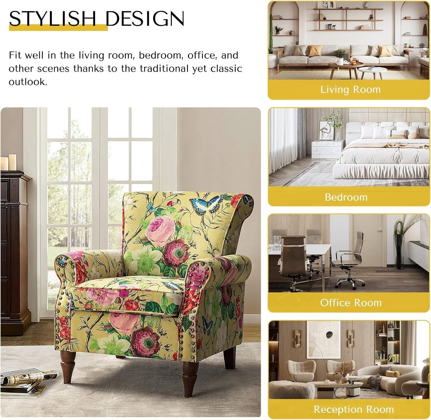 Floral Velvet Wingback Armchair Yellow Accent Chair for Living Room