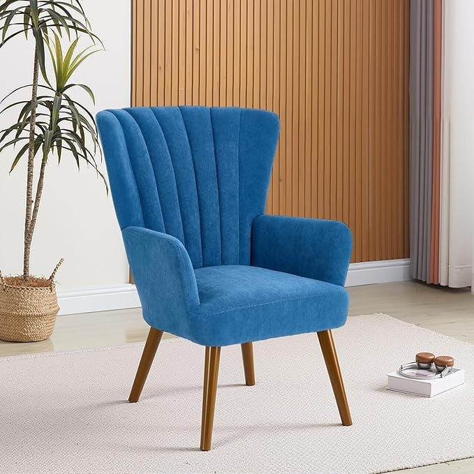 Velvet Wingback Armchair Tub Accent Chair Solid Wood Legs Blue