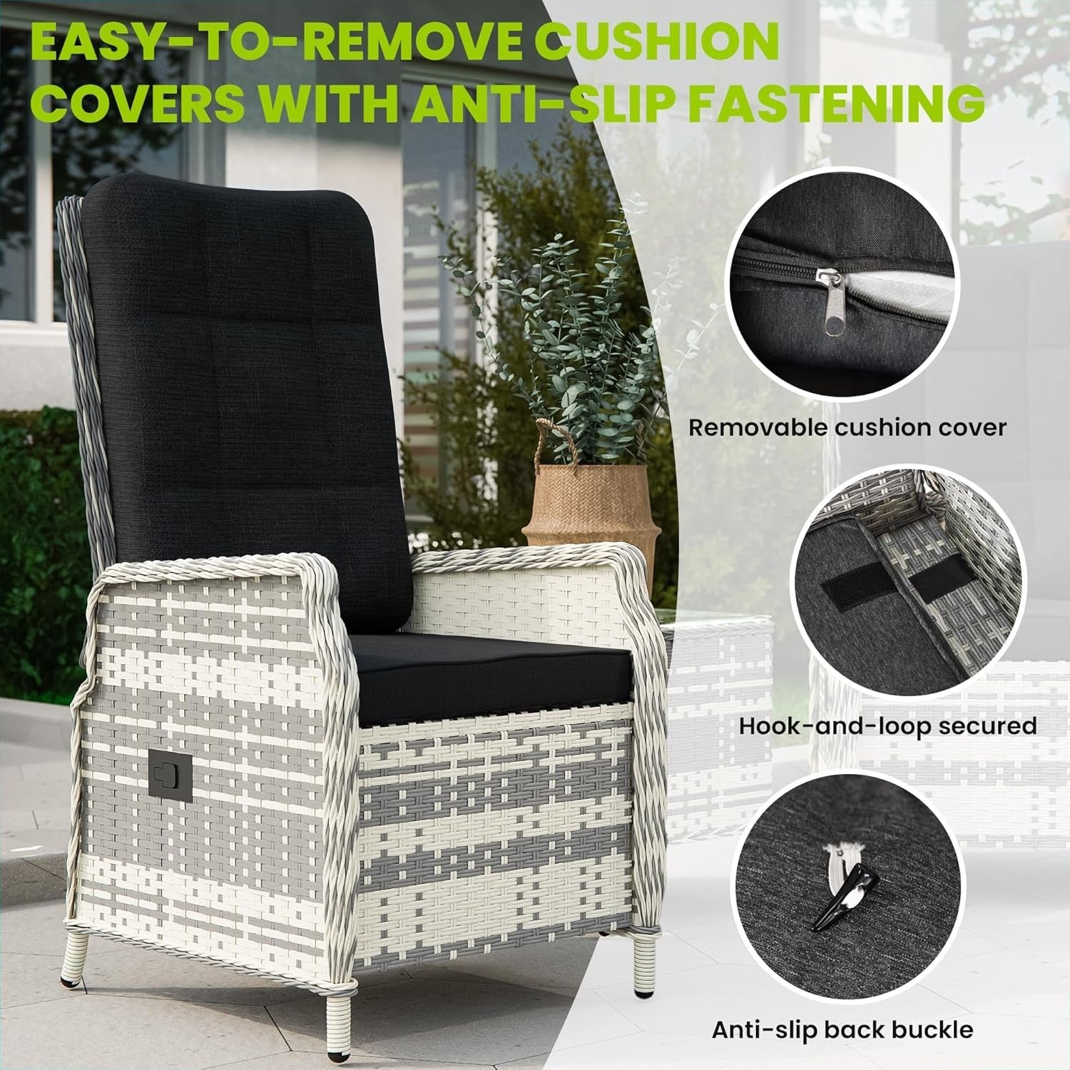 Adjustable Rattan Recliner Patio Set Chairs Stools Coffee Table Outdoor Black