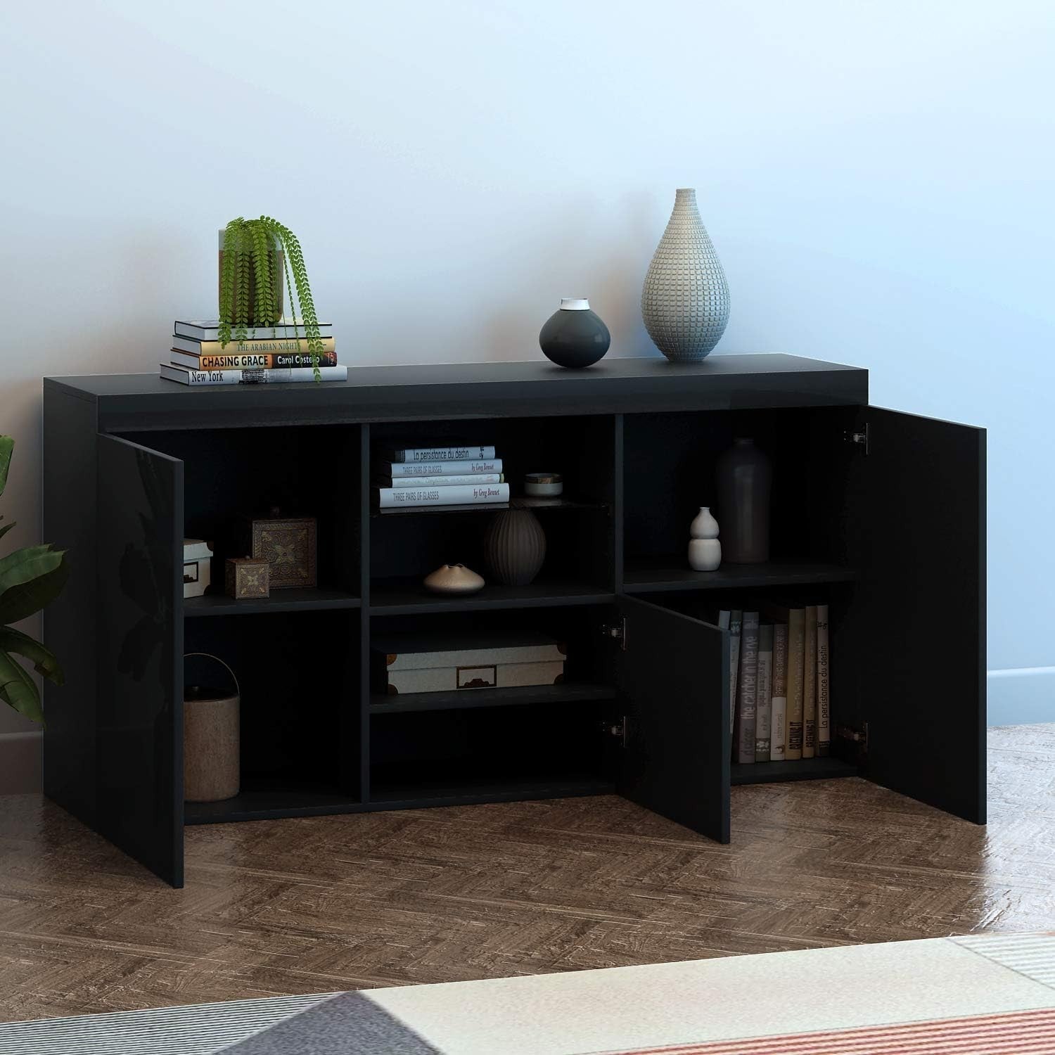 High Gloss Black Sideboard Cabinet with LED Lights 3 Doors Storage Unit