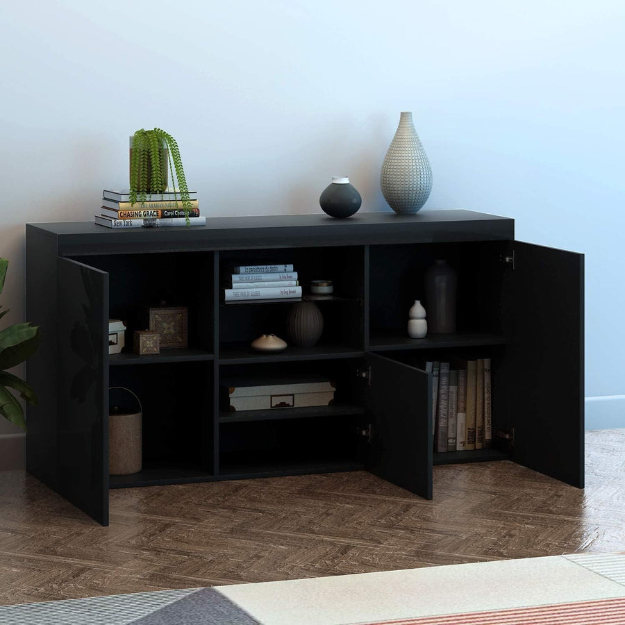 High Gloss Black Sideboard Cabinet with LED Lights 3 Doors Storage Unit