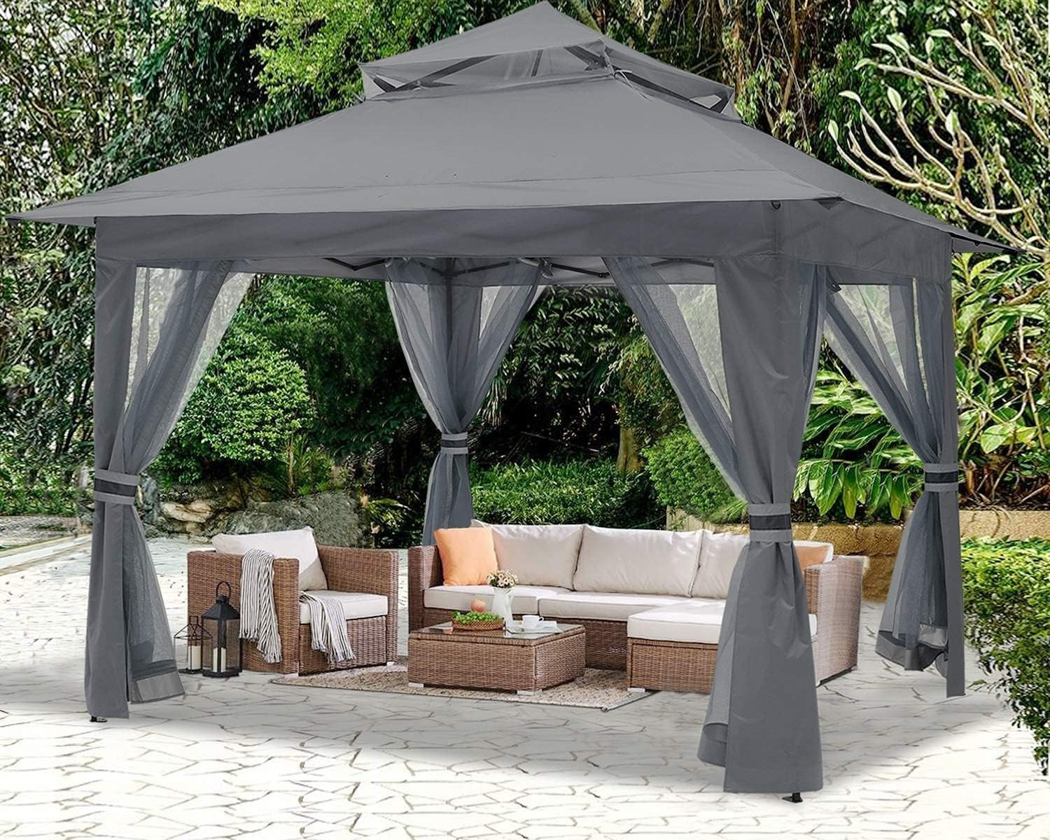 3.6x3.6M Gray Pop Up Gazebo With Mesh Walls Outdoor Canopy Tent