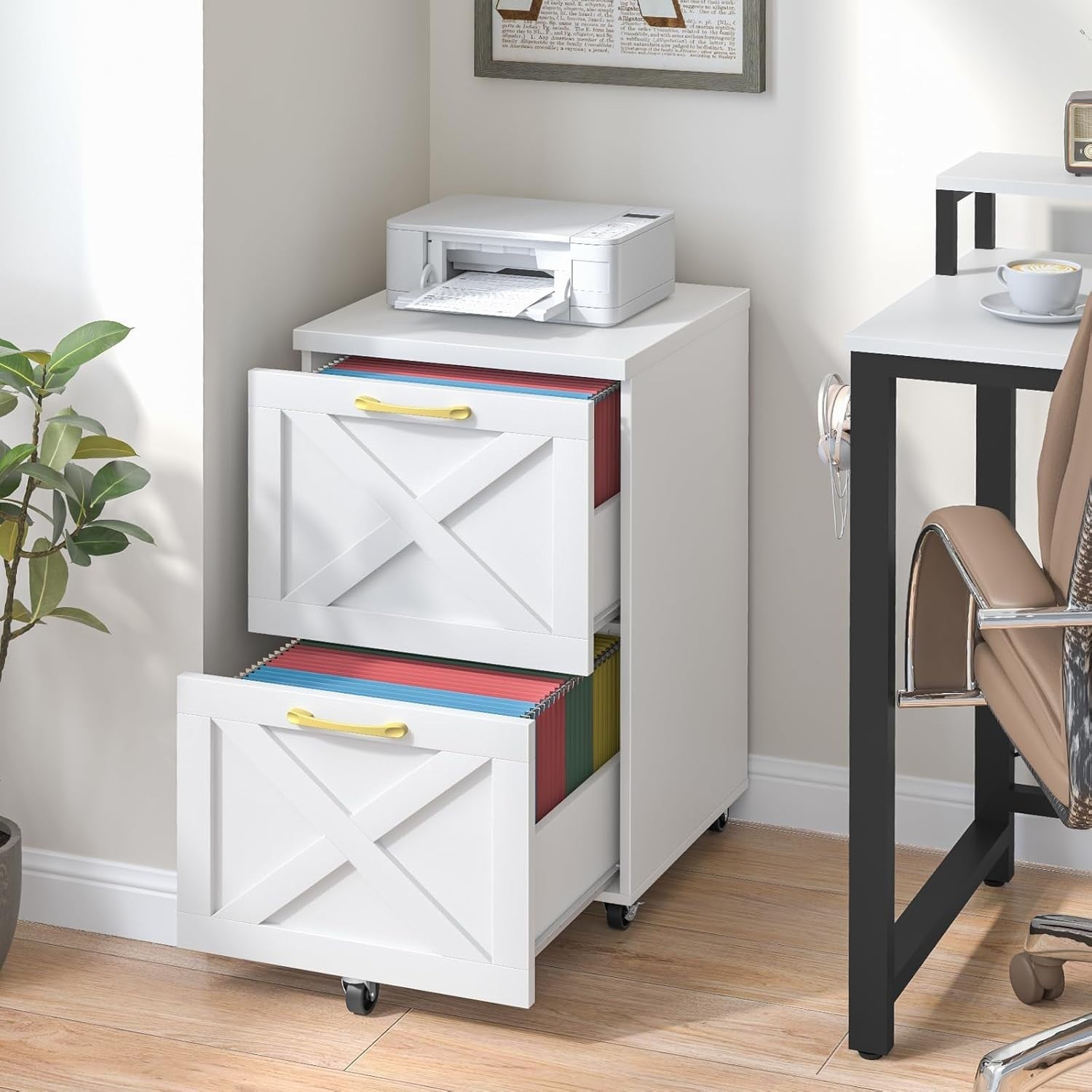 Farmhouse Rolling File Cabinet 2 Drawer A4 Letter Under Desk White