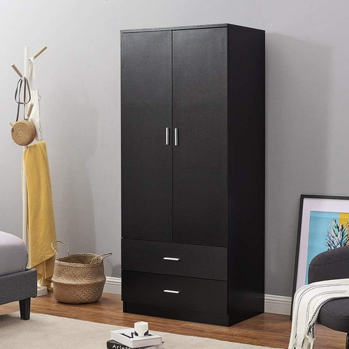 Black 2 Door Wardrobe with Hanging Rail & 2 Drawers Durable Bedroom Closet