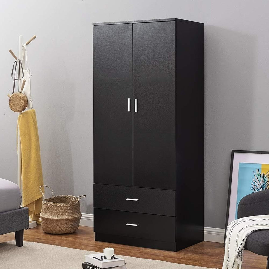 Black 2 Door Wardrobe with Hanging Rail & 2 Drawers Durable Bedroom Closet