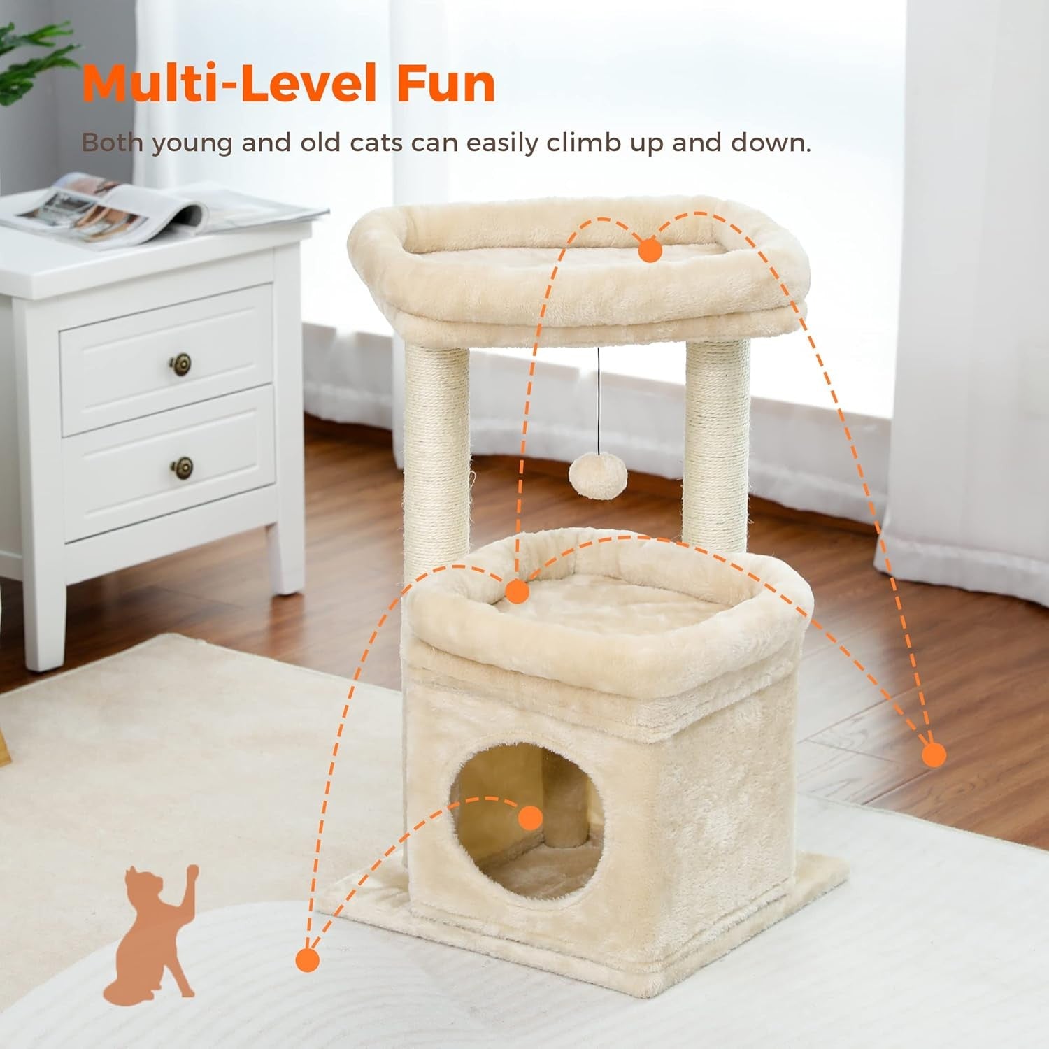 Small Cat Tree Tower with Condo Top Perch Sisal Scratching Post Beige