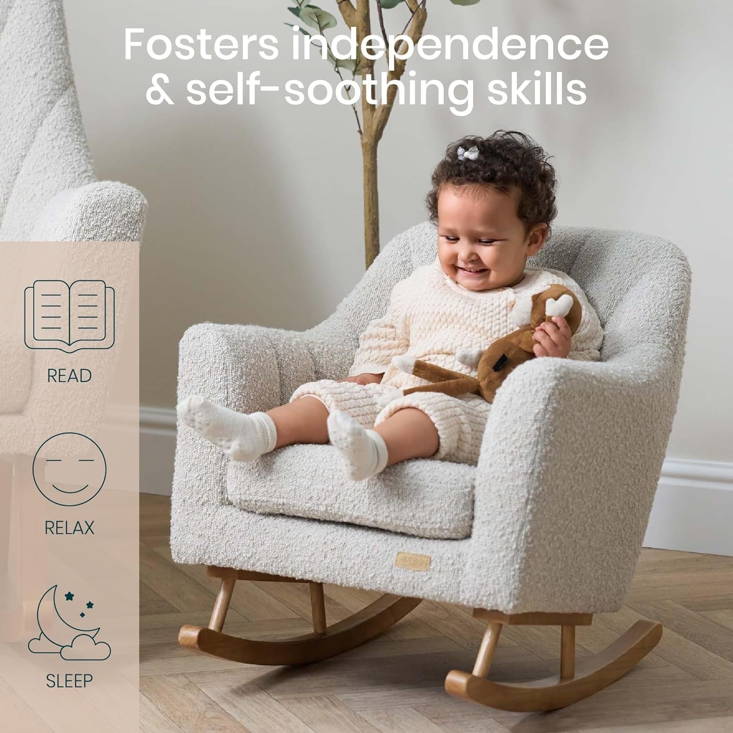 Toddler Rocking Chair Soft Bouclé, Rubberwood Frame, Easy Assembly