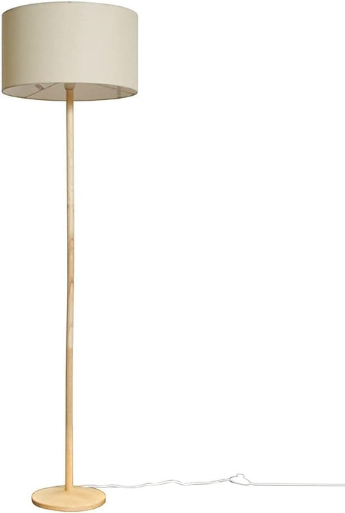 Natural Wood Floor Lamp Beige Drum Shade Modern Standing Light Living Room