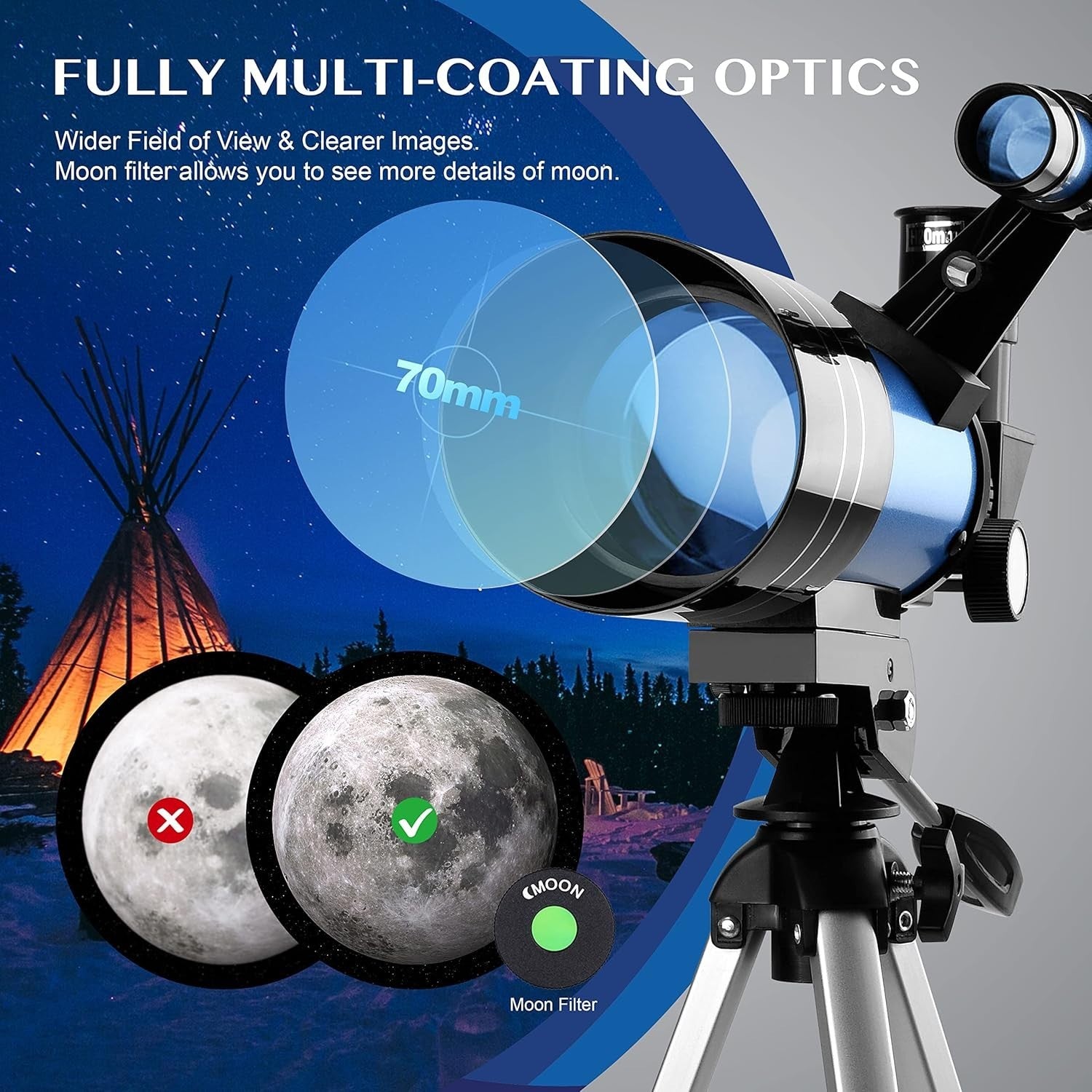 70mm Aperture 300mm Refractor Telescope for Kids & Adults with Tripod