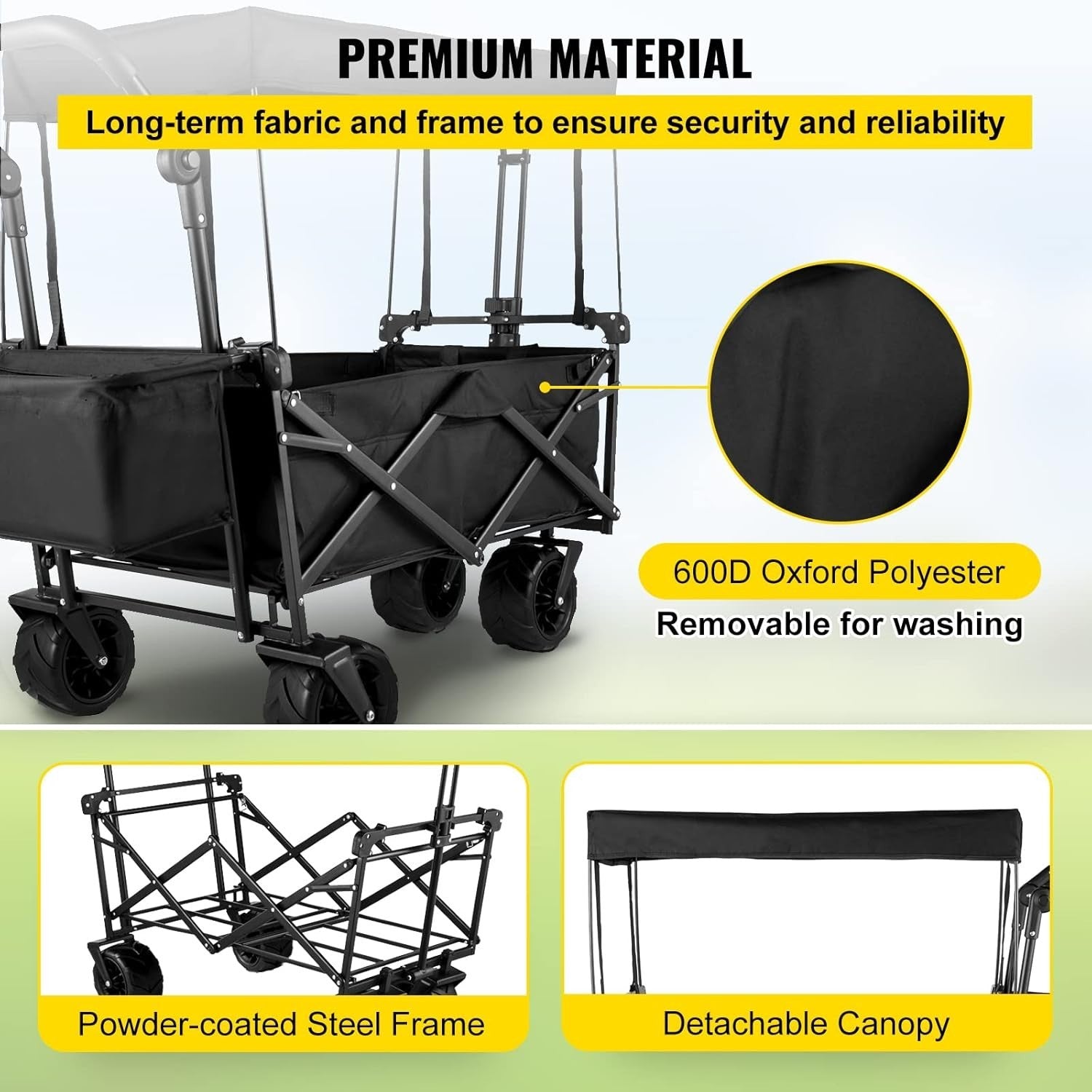 Extra Large Folding Wagon 220lbs Canopy Push Pull Cart Rear Storage 600D Black