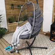 Grey Hanging Egg Chair With Stand & Cushion – Rattan Outdoor Swing Seat
