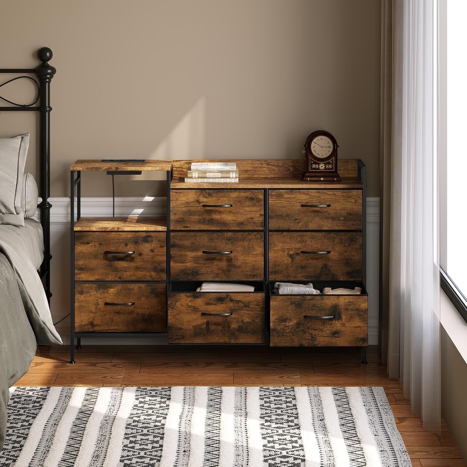 8 Drawer Fabric Chest with USB & Power Ports Vintage Wood Storage Cabinet