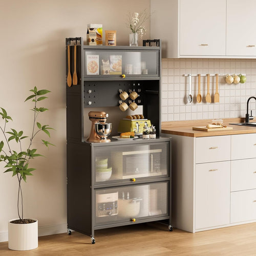 5-Tier Kitchen Storage Cabinet with Flip Door & Wheels Grey | 60x40x162cm