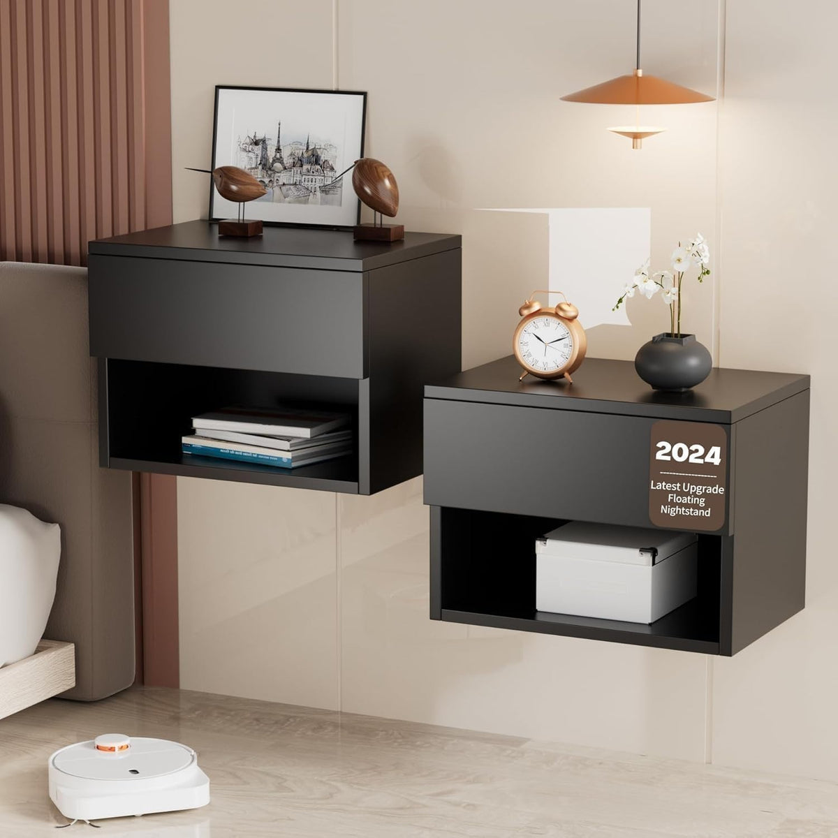 Modern Floating Bedside Tables Set of 2 – Wall Mounted Drawers & Shelves