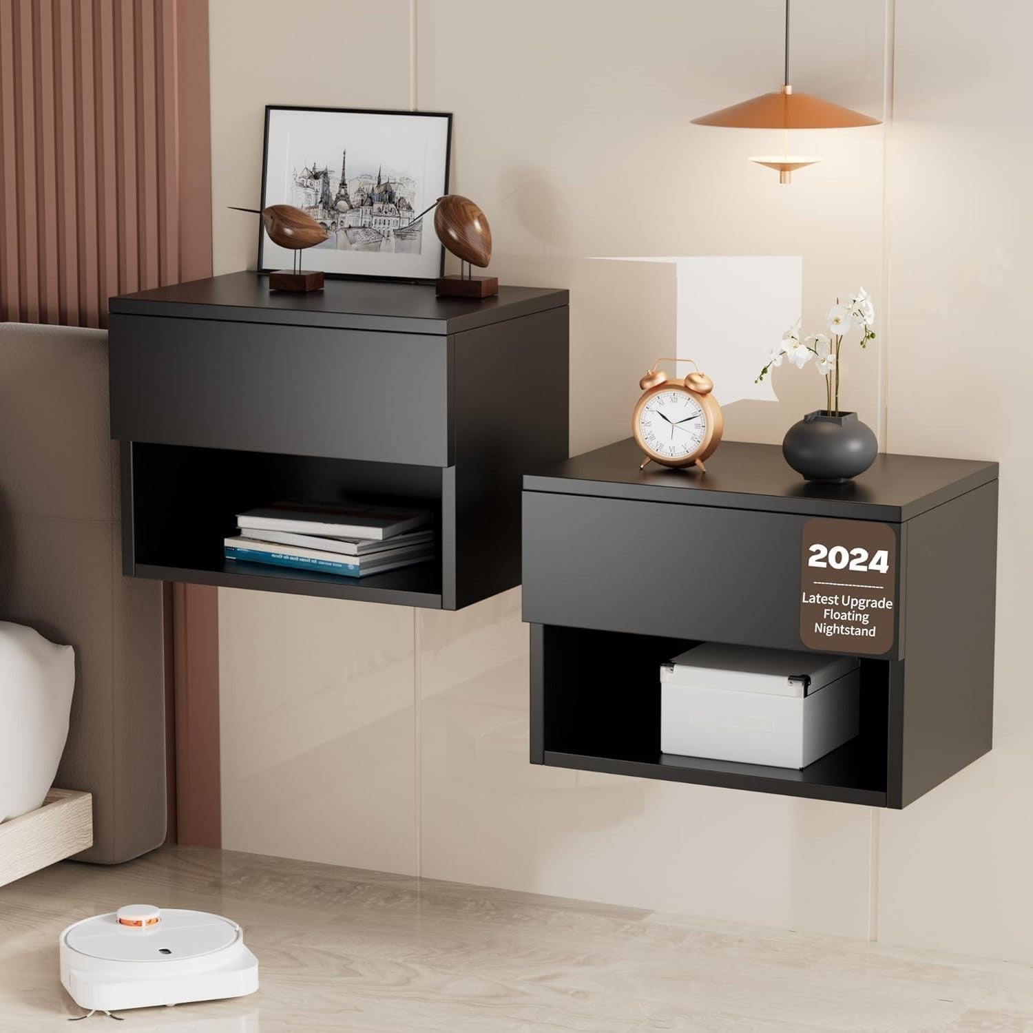 Modern Floating Bedside Tables Set of 2 – Wall Mounted Drawers & Shelves