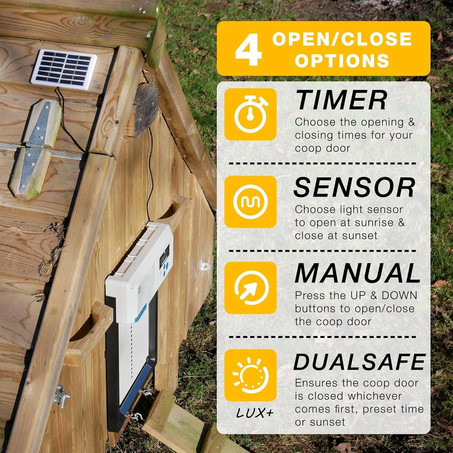 Automatic Chicken Coop Door Opener Red Solar Timer Light Sensor Winter Mode