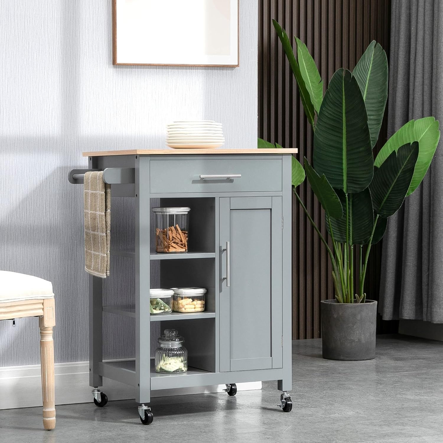 Compact Kitchen Trolley Storage Cart with Drawer Cabinet Shelves Wheels