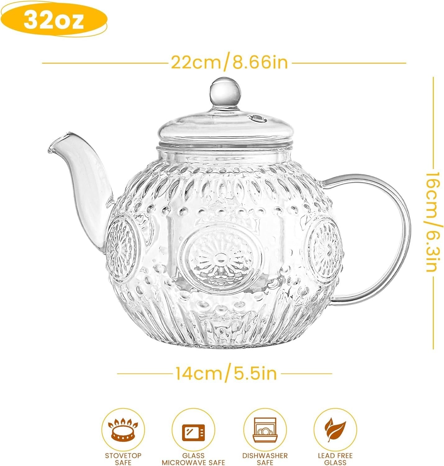 1000ml Glass Teapot with Removable Infuser Stovetop Safe Tea Maker