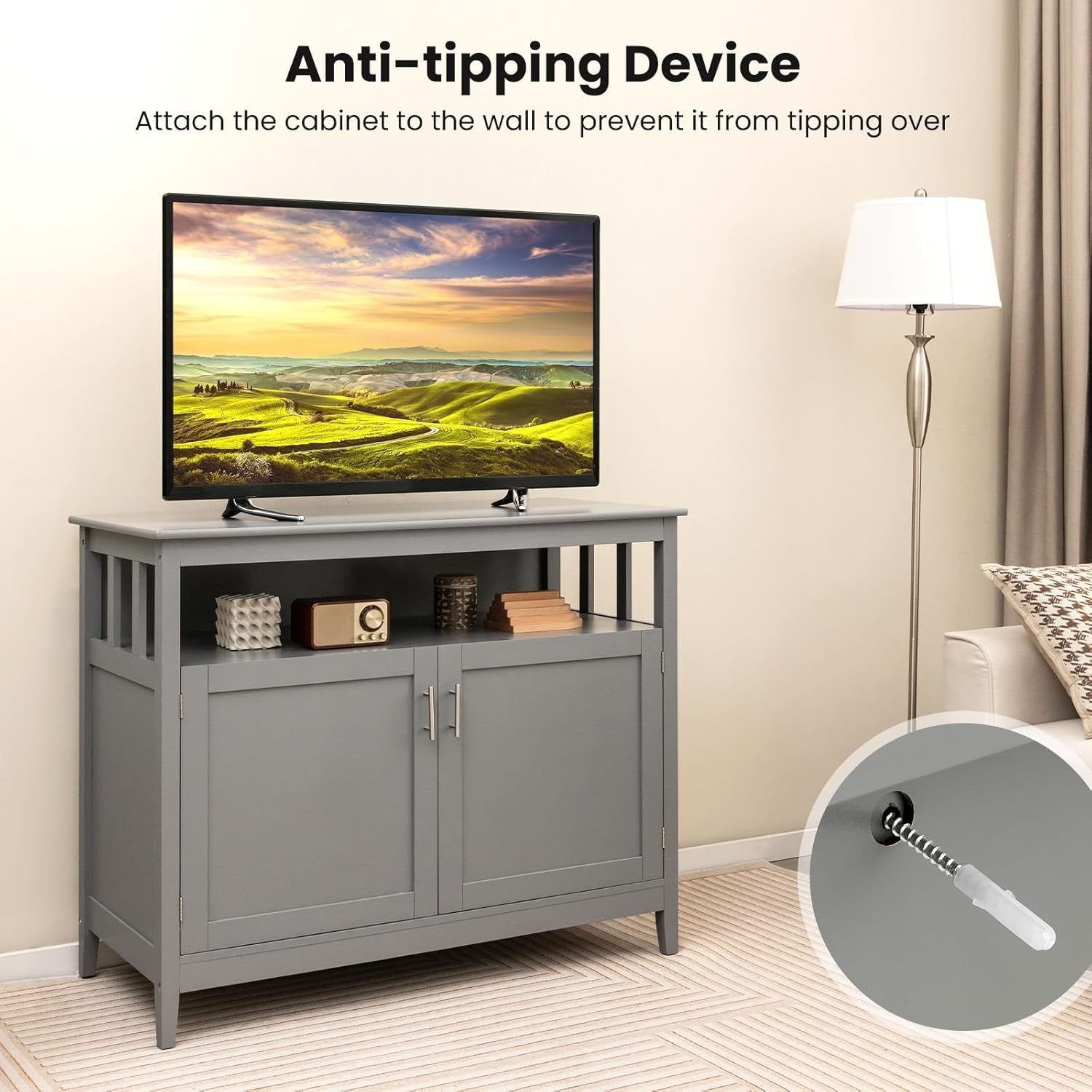Gray Adjustable Shelf Sideboard Storage Cabinet Kitchen Dining Cupboard