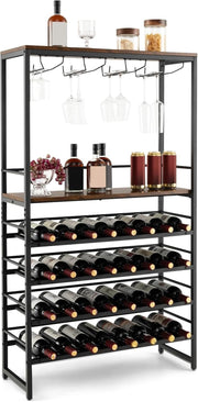 6 Tier Wine Rack 32 Bottle Bar Cabinet with Glass Holder & Display Shelves