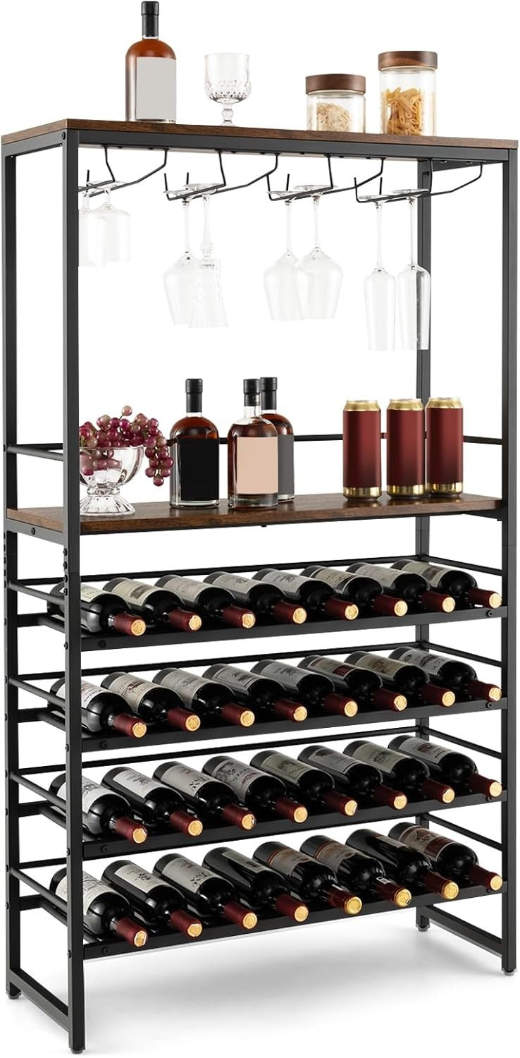 6 Tier Wine Rack 32 Bottle Bar Cabinet with Glass Holder & Display Shelves