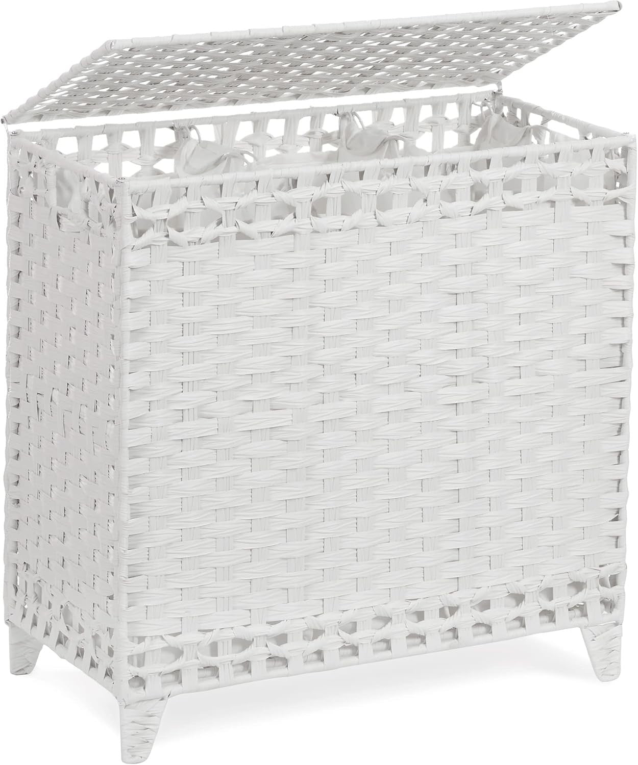 132L Rattan Laundry Hamper with Lid 3-Section Basket Removable Liner Bags White