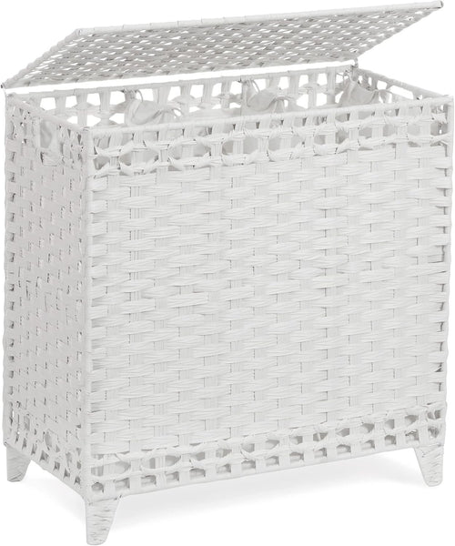 132L Rattan Laundry Hamper with Lid 3-Section Basket Removable Liner Bags White