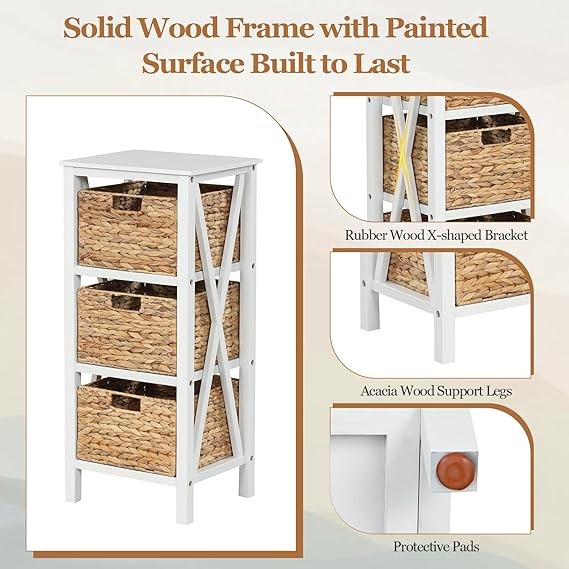 White Wooden Bedside Table with 3 Seagrass Baskets | Tall Rustic Narrow