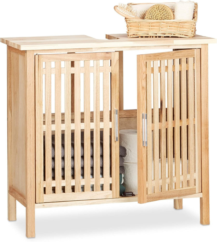 Natural Wood Under Sink Bathroom Cabinet – Freestanding Walnut Vanity Unit 66cm