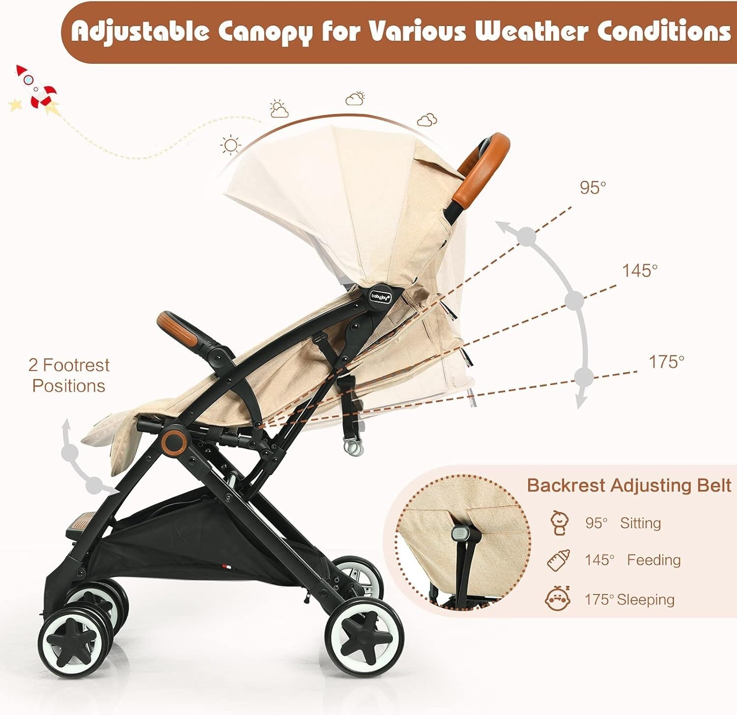 Beige Lightweight Baby Pushchair One Hand Fold Travel Buggy